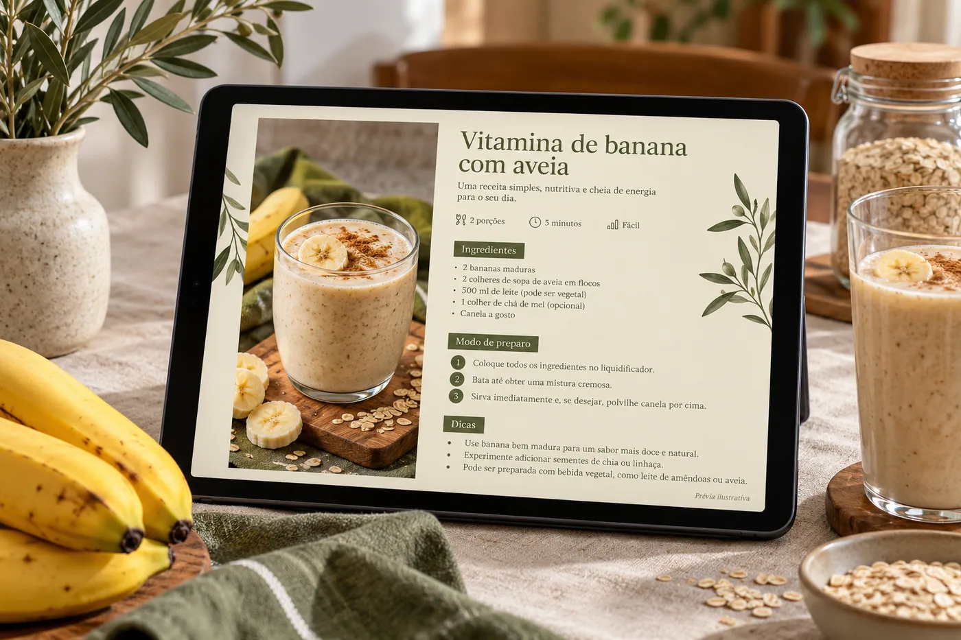 Tablet com página ilustrativa de receita de vitamina de banana com aveia