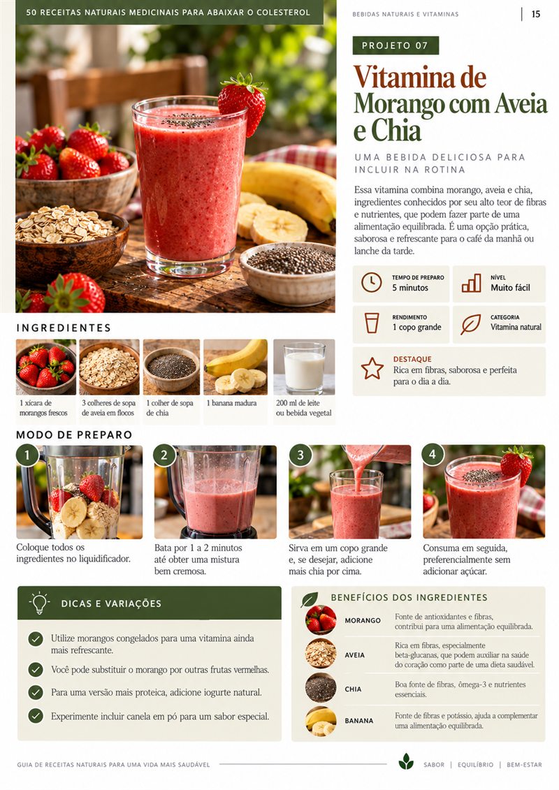 Página do guia com a receita de vitamina de morango com aveia e chia