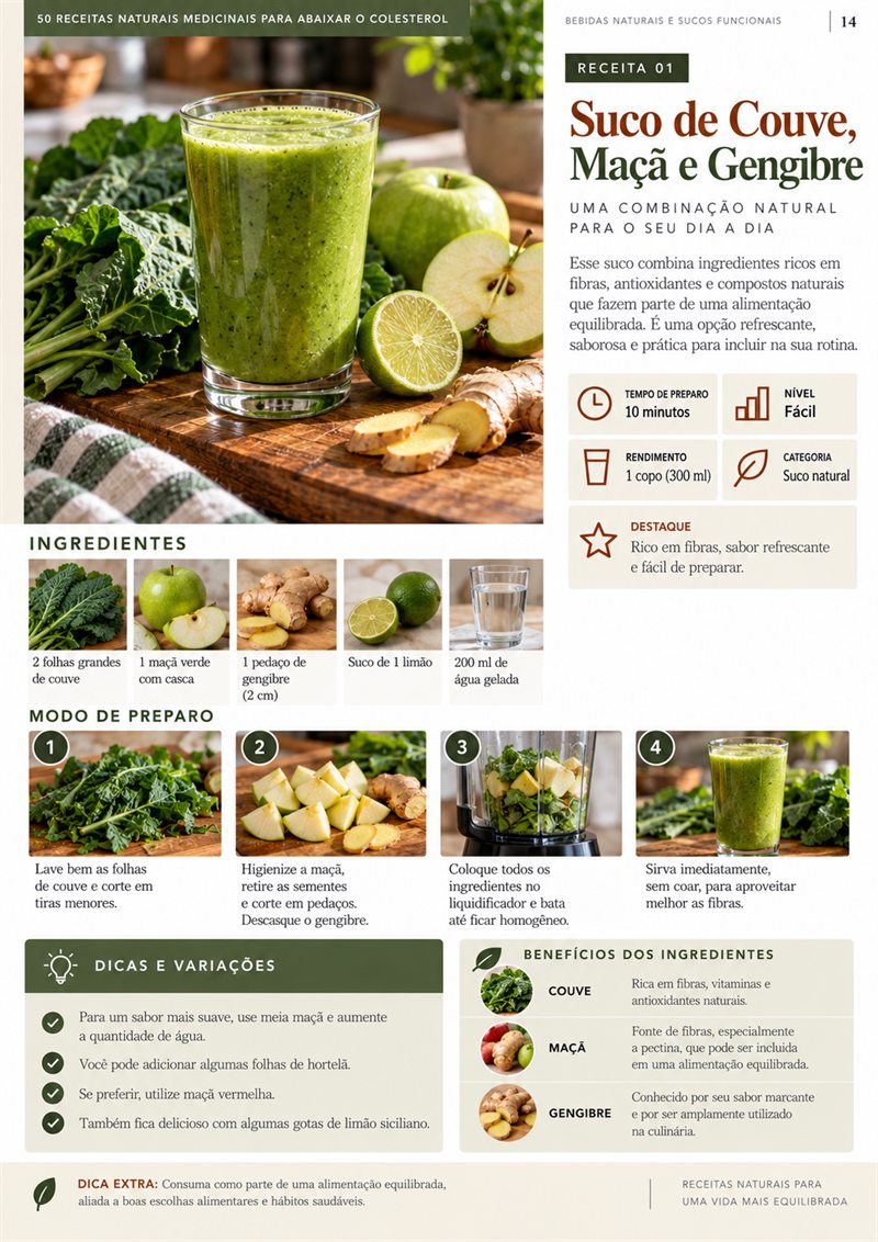 Página do guia com a receita de suco de couve, maçã e gengibre
